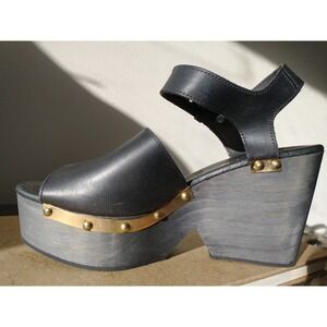 Free People Black Platform Clog Sandals Studded Wedge Heel Women's Size EU 38